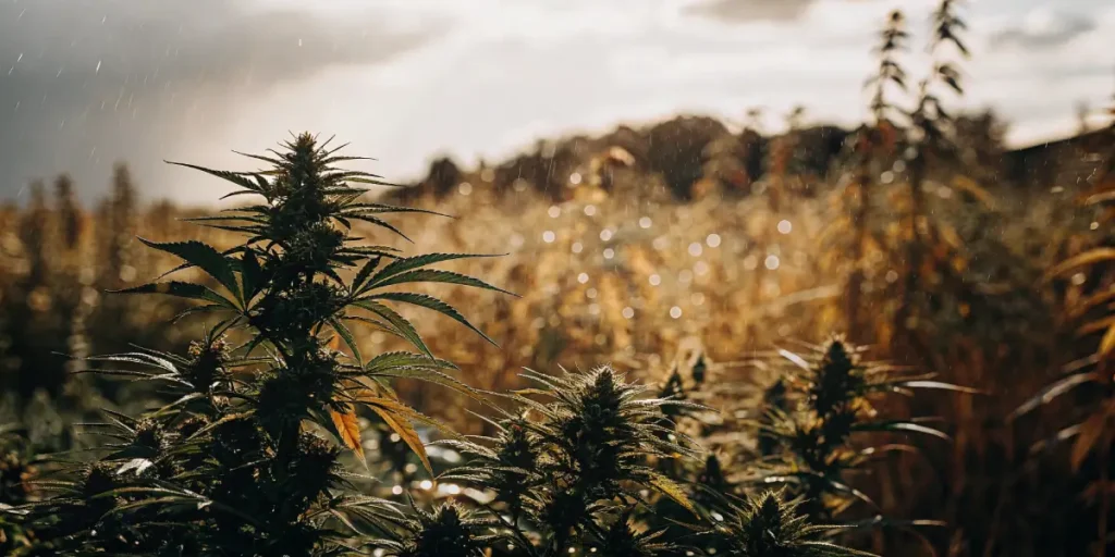 Cannabis plants in a field under rain, with sunlight breaking through dramatic clouds.