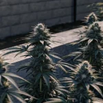 Hyper-realistic scene of cannabis plants thriving in a raised bed with concrete walls, against a brick wall.