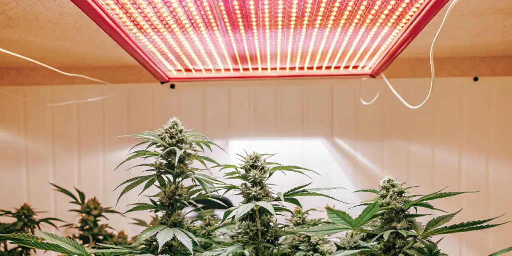 Hyper-realistic indoor cannabis cultivation: lush plants under a large, red-spectrum LED grow light.