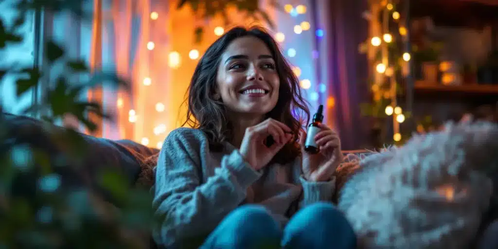 A woman enjoying the calming effects of CBD oil in a cozy home environment with warm lighting.