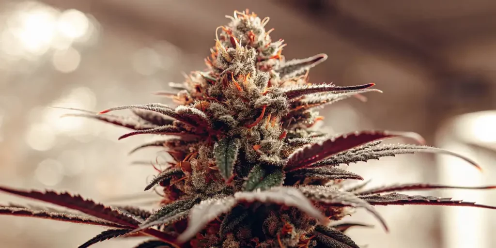 Cannabis bud with red leaves and resinous coating under soft indoor lighting.