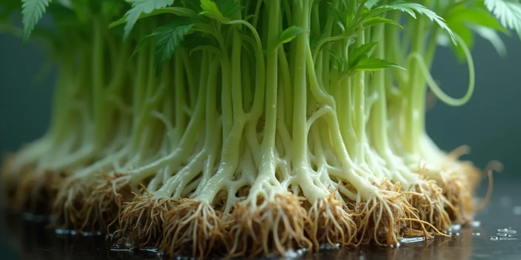 Healthy white roots of cannabis plants thriving in a deep water culture system.