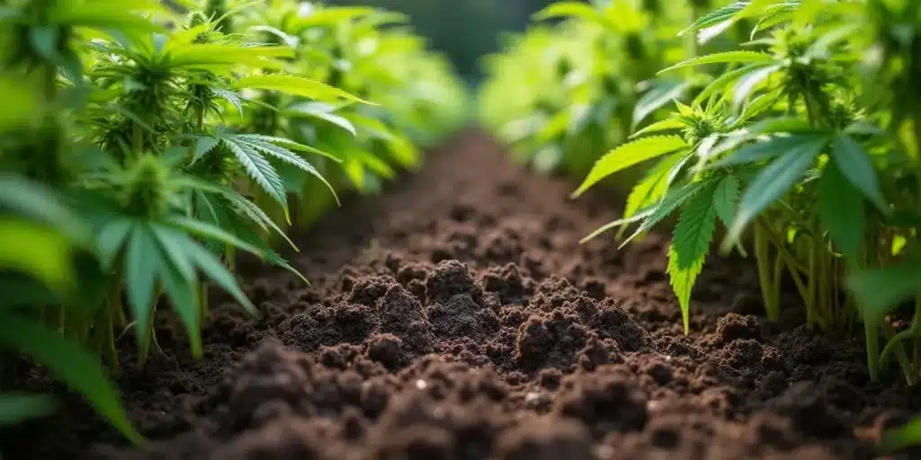 Rows of cannabis plants cultivated in rich biochar-enriched soil
