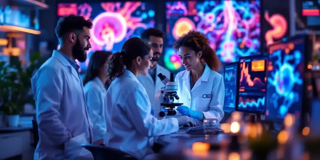 Scientists researching CBD effects on gastric health in a laboratory setting.
