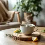 A cozy setup with a warm cup of cannabis tea infused with chamomile, lemon, and honey for flu relief.