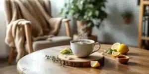 A cozy setup with a warm cup of cannabis tea infused with chamomile, lemon, and honey for flu relief.