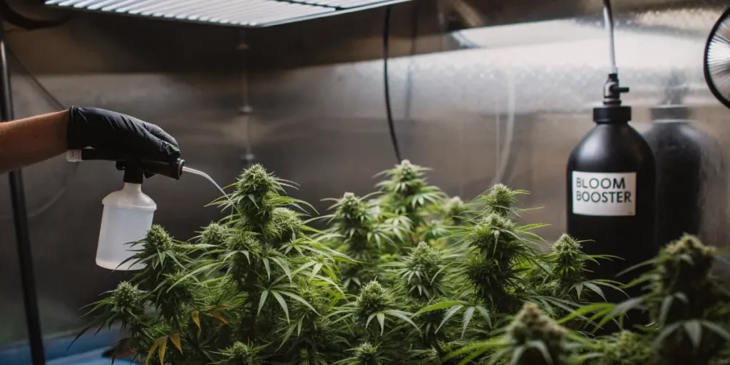 Hyper-realistic scene: gloved hand spraying liquid onto lush indoor cannabis plants with a "BLOOM BOOSTER" bottle in the background.