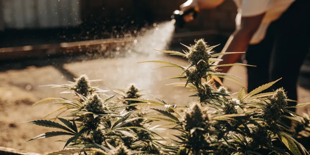 Hyper-realistic scene: person watering cannabis plants with a hose during golden hour, mist visible.