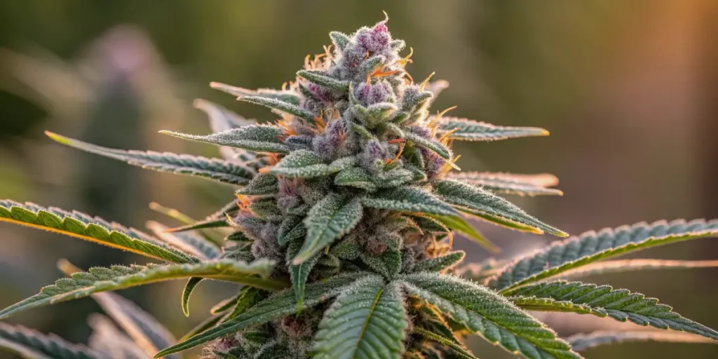 Cannabis bud with purple highlights and resin, illuminated by warm sunlight.