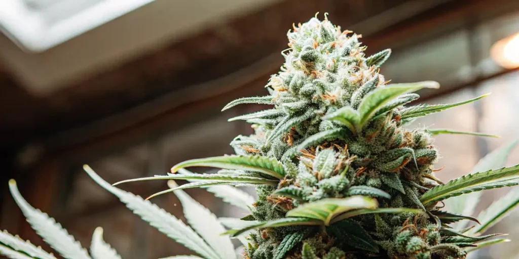 Close-up of a resinous cannabis bud with vibrant green leaves, illuminated by sunlight.