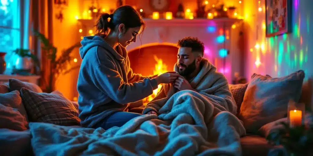 Woman tending to a man wrapped in a blanket on a couch by a fireplace, with warm lights.