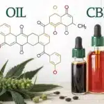 Dark amber THC oil in a dropper bottle placed alongside cannabis flower and seeds, highlighting extraction from the plant