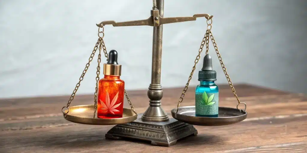 Scale comparing THC and CBD oil bottles, representing differences in effects and applications.