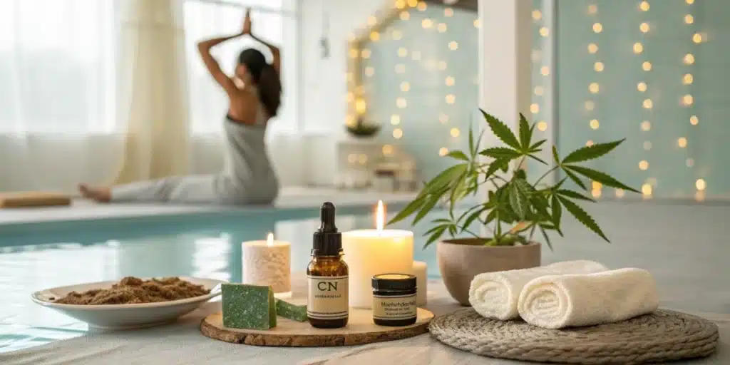 Wellness setup with cannabis plant, CBD oil, and candles near a pool, with a person doing yoga in the background.