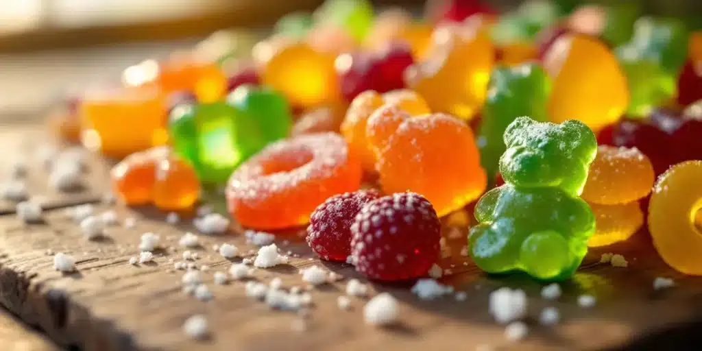A plate with three jars of THC-infused gummies labeled with different strain names.