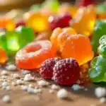 A plate with three jars of THC-infused gummies labeled with different strain names.