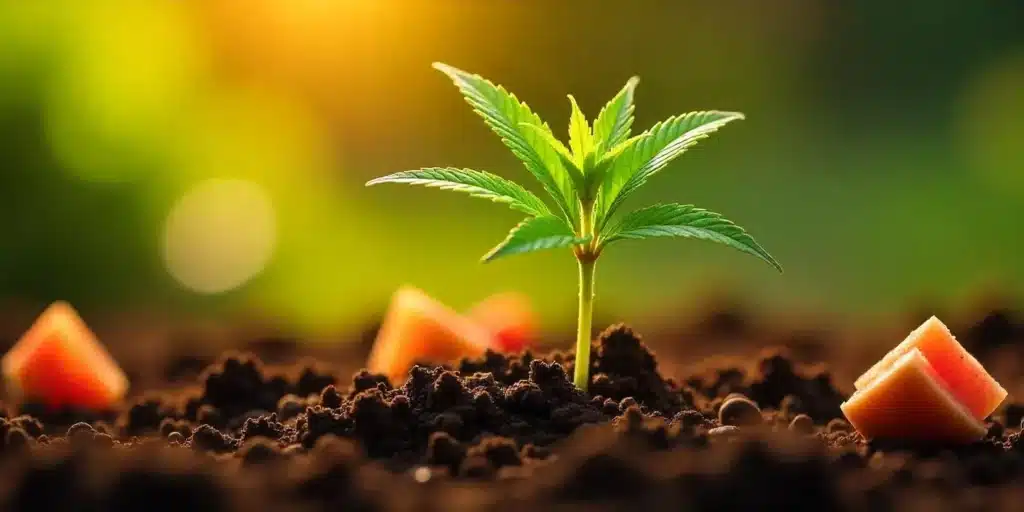 A young cannabis plant growing in nutrient-rich compost, surrounded by organic soil and natural fertilizers.