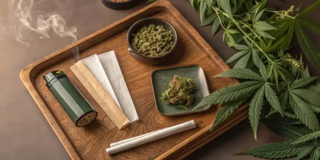 Rolling tray with cannabis buds, grinder, rolling papers and finished joints