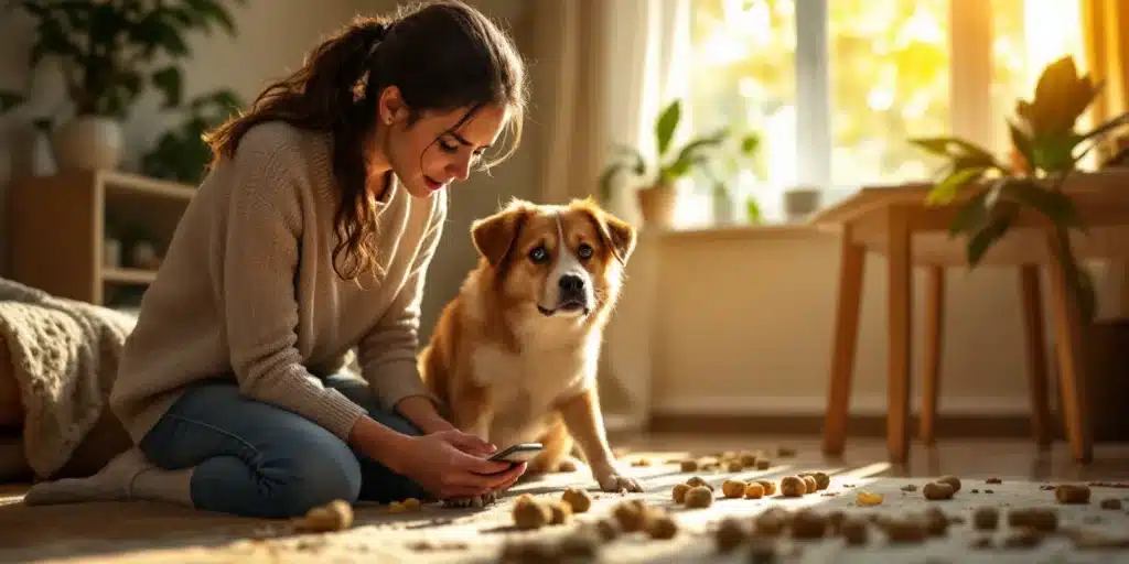 A concerned pet owner looking at her dog surrounded by pet treats.