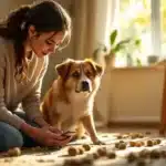 A concerned pet owner looking at her dog surrounded by pet treats.