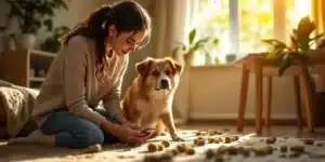 A concerned pet owner looking at her dog surrounded by pet treats.