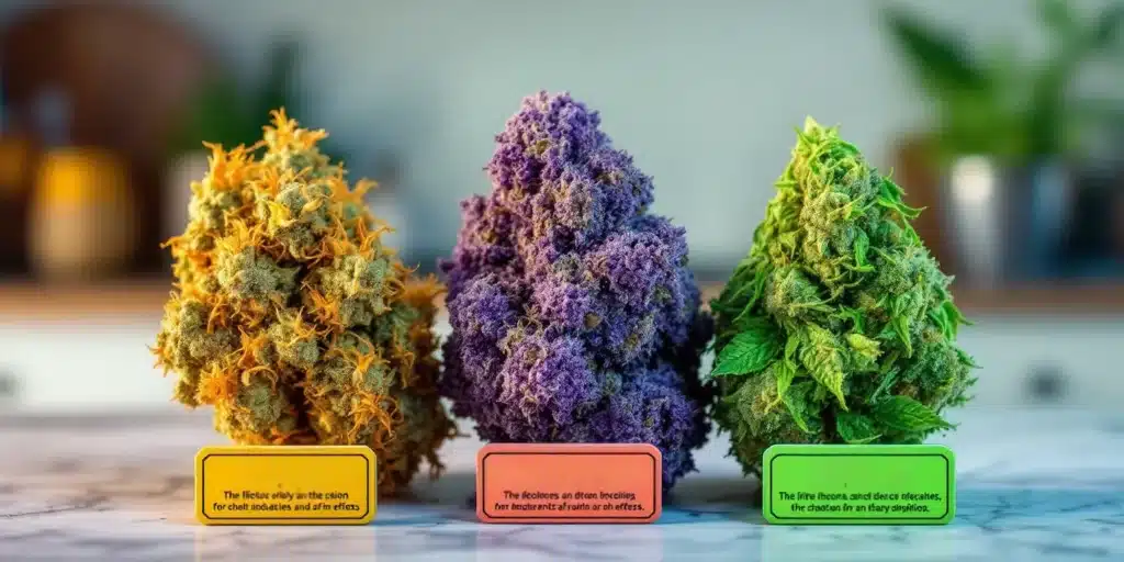 Three cannabis flower strains labeled for their unique medicinal properties, including anti-inflammatory and flu-relief benefits.