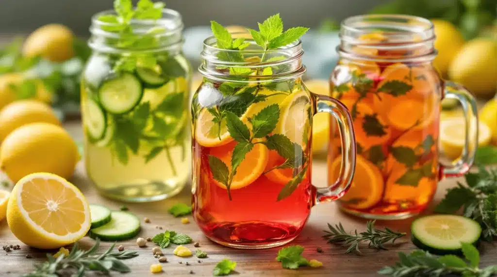 Three glass jars filled with detox drinks made of lemon, cucumber, and herbal infusions.