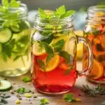 Three glass jars filled with detox drinks made of lemon, cucumber, and herbal infusions.