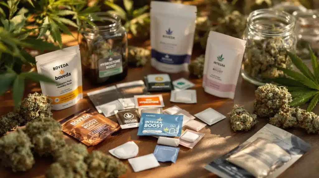 Various cannabis humidity packs from brands like Boveda and Integra Boost.