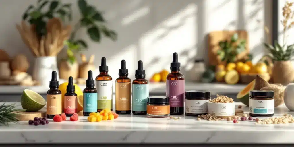 Various CBD oils, gummies, and creams displayed in a wellness-themed kitchen, ideal for hemorrhoid relief.