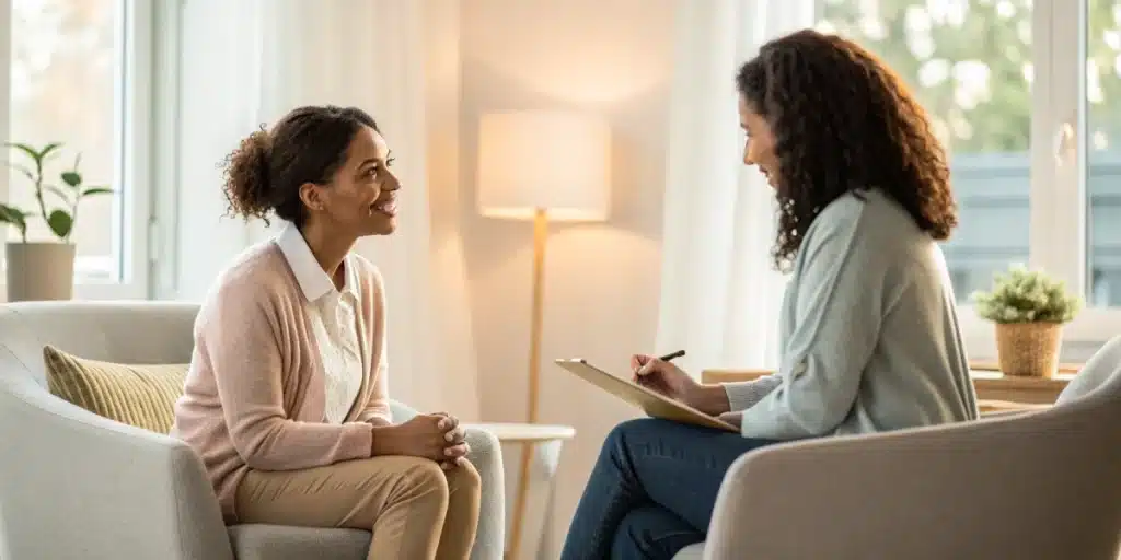 Therapist discussing treatment for cannabis use disorder with a patient in a modern clinic setting.