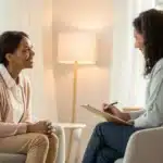 Therapist discussing treatment for cannabis use disorder with a patient in a modern clinic setting.