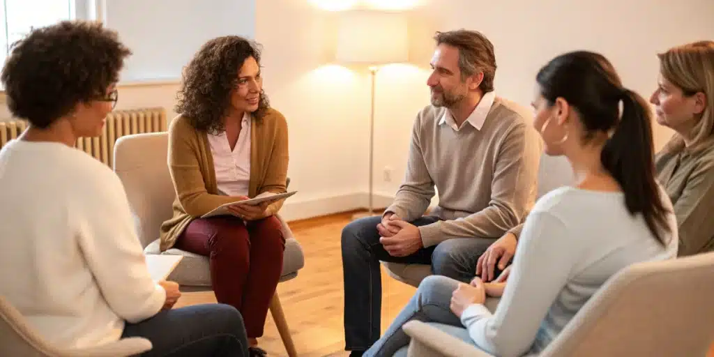 Group therapy session showing community support for cannabis use disorder treatment.