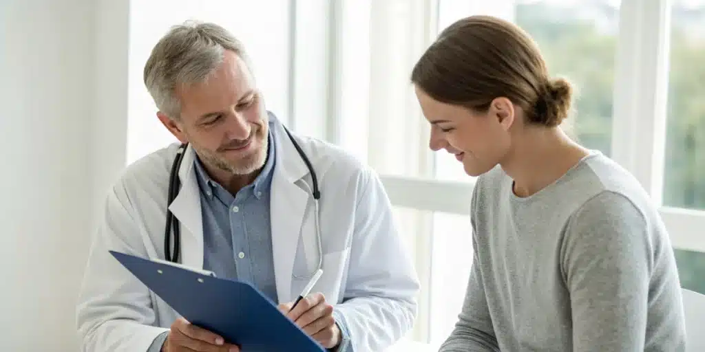 Doctor reviewing treatment plans for cannabis use disorder with a patient in a consultation room.