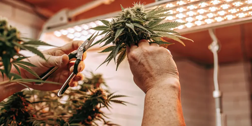 Hands using scissors to trim a cannabis plant with dense buds under warm indoor grow lights.