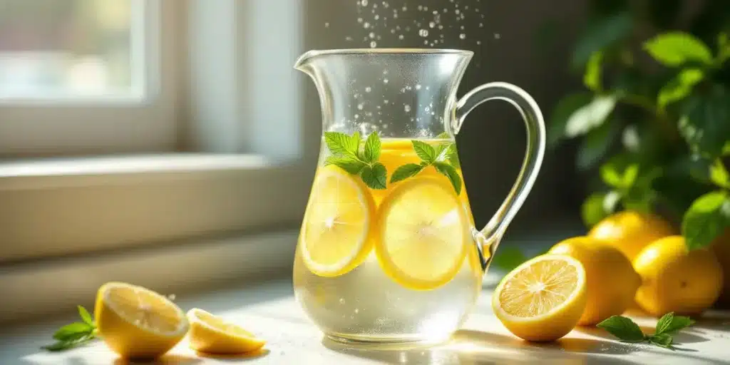 A jug of lemon water with mint leaves, a refreshing and natural THC detox drink.
