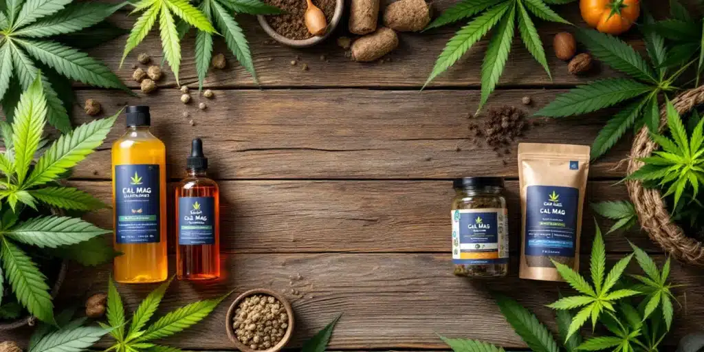 Various Cal-Mag supplements for cannabis plants on a wooden surface.