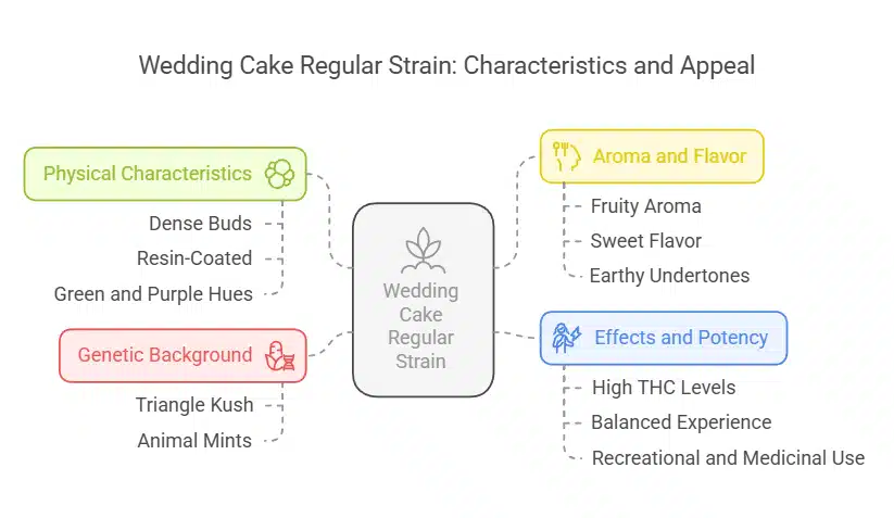 Infographic showcasing Wedding Cake Regular strain, including physical characteristics, genetic background, aroma, and effects