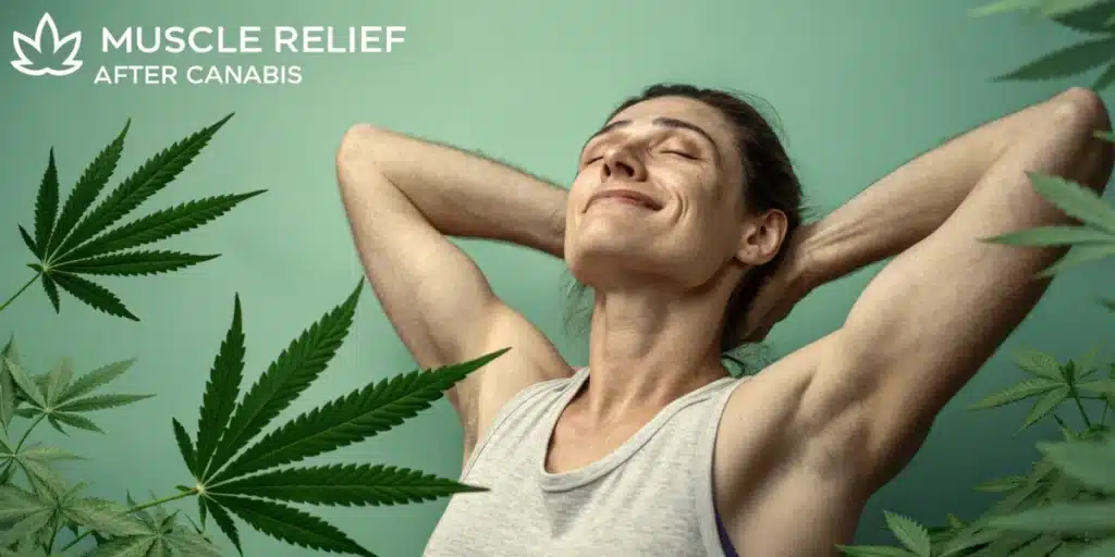 Relaxed person with a peaceful expression framed by cannabis leaves, symbolizing relief from muscle spasms after cannabis use