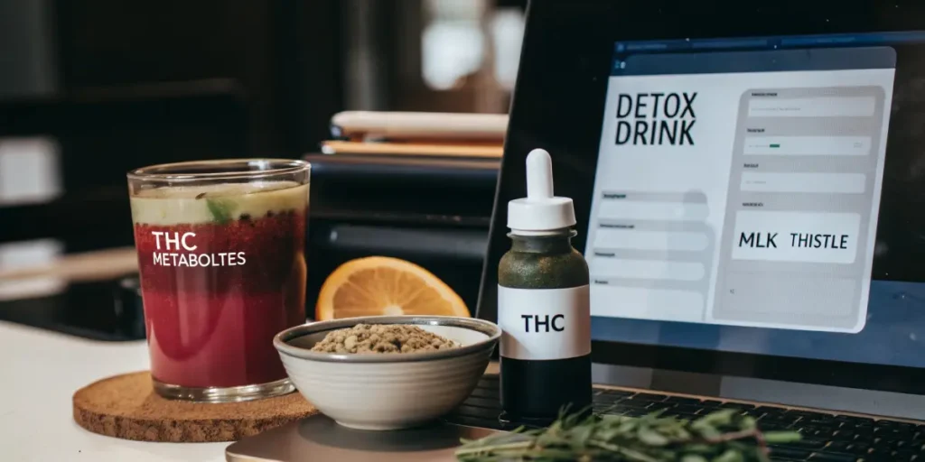 A vibrant red smoothie, a "THC DETOX" bottle, lemons, herbs, and powders, with a tablet displaying "THC Metabolites" in a bright kitchen.