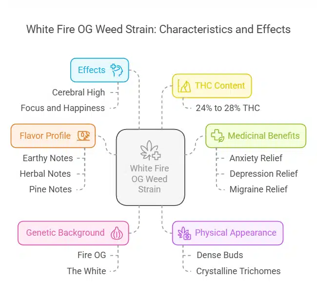 Infographic showcasing White Fire OG's effects, THC content, flavor profile, medicinal benefits, and genetic background from Fire OG and The White