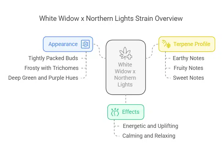 Infographic highlighting White Widow x Northern Lights' effects, terpene profile, and appearance, with deep green and purple buds frosted in trichomes.