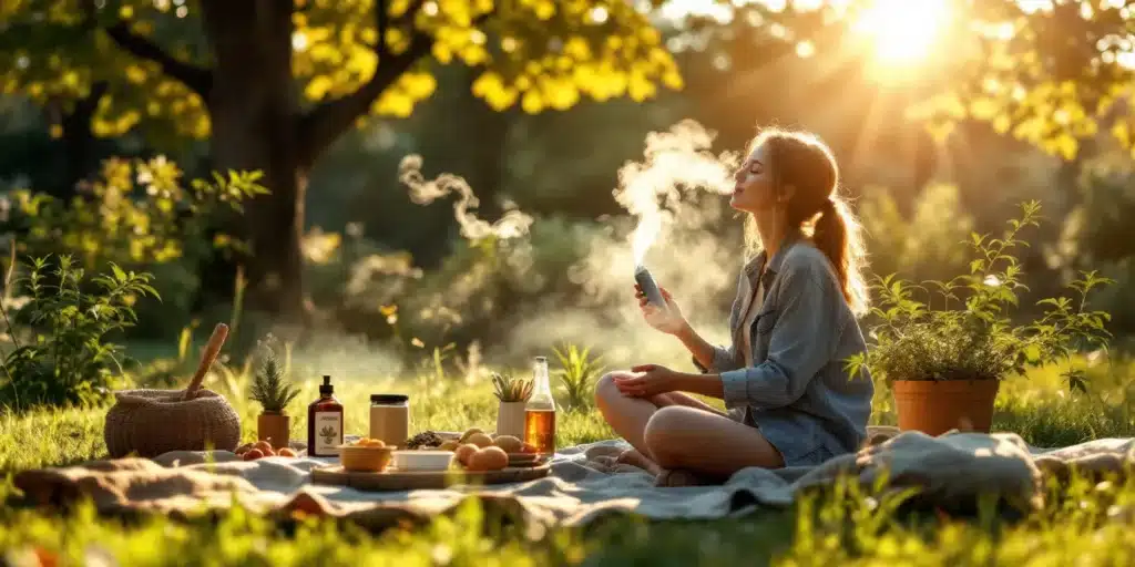 Woman enjoying the benefits of a dry herb vaporizer outdoors.