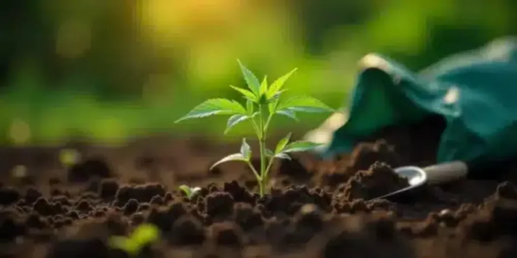 young autoflower cannabis plant growing in rich soil during daylight