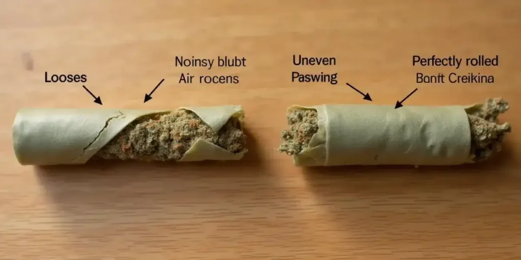 Assorted flavored cannabis joints in decorative paper on a wooden table with grinders and jars