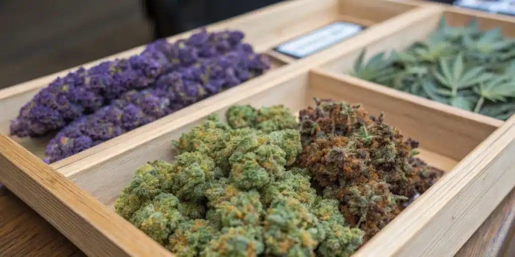 Wooden tray with compartments displaying various cannabis strains: purple, green, and brown buds, and green leaves.