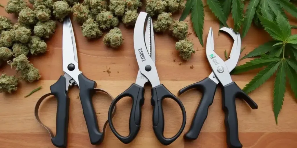 Three different bud trimming scissors with cannabis buds and leaves on a wooden table.