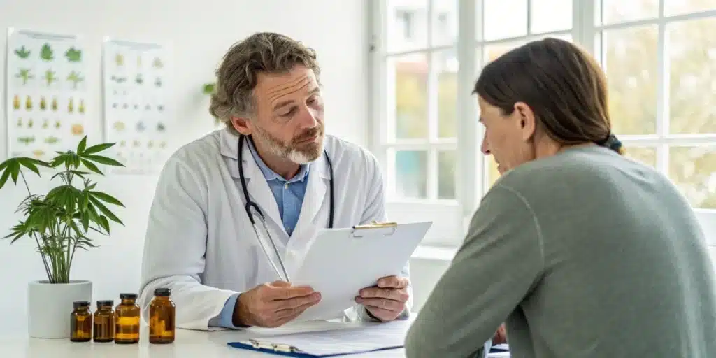 Doctor in white coat speaking with a patient holding a clipboard in a medical office.