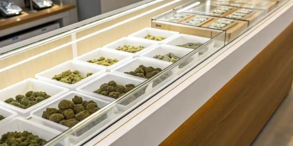 Dispensary display of labeled cannabis packages focused on best cannabis strain for cancer treatment.