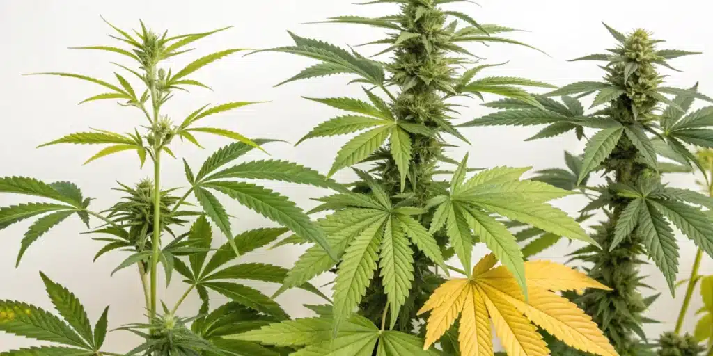 Healthy cannabis plants at various growth stages, showcasing vibrant green leaves and budding flowers on a neutral background